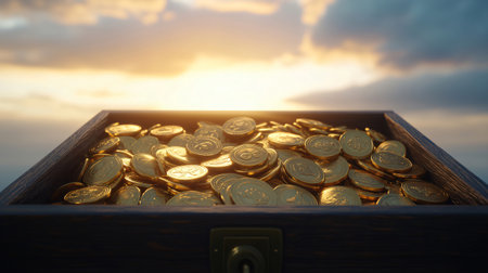 Wooden chest brimming with gold coins, set against a beautiful sunset backdrop, evokes the allure of wealth, treasure, and fortuneの素材
