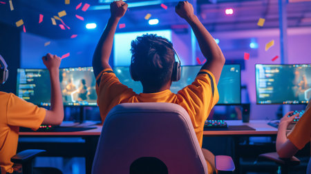 Team of gamers is celebrating with confetti falling from the ceiling after winning a video game tournamentの素材