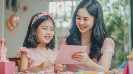Adorable little girl is giving a greeting card to her mother, both smiling with love and happinessの素材
