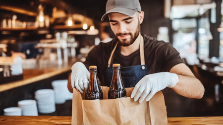 Young smiling waiter putting beer bottles inside a paper bag, preparing takeaway order in a restaurantの素材