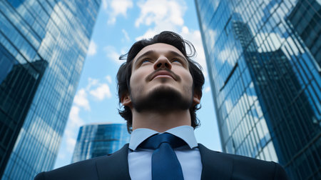 Young businessman is looking up at the sky with a serious expression on his face, surrounded by towering skyscrapersの素材