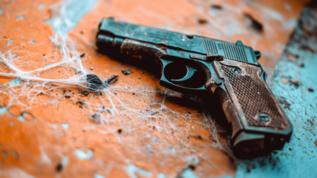 Dusty and abandoned pistol covered with cobwebs, symbolizing neglect and dangerの素材