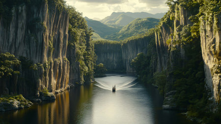 Lone sailboat is peacefully navigating a serene river flowing through a breathtaking canyon adorned with towering cliffs and lush greeneryの素材