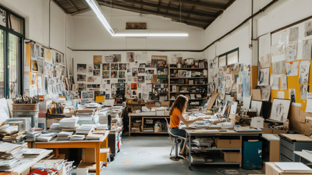 Woman is sitting at her desk working in her art studio, which is full of paintings and art suppliesの素材