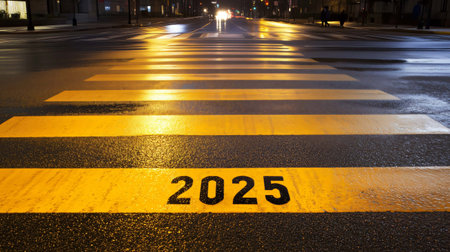 Yellow pedestrian crossing on a wet asphalt road at night leading to the year 2025の素材