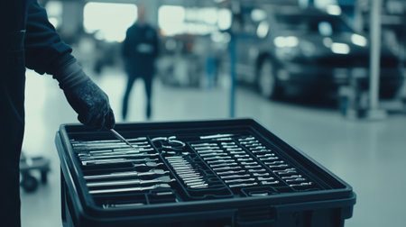 Mechanic choosing a tool from a toolbox in a professional auto repair shopの素材