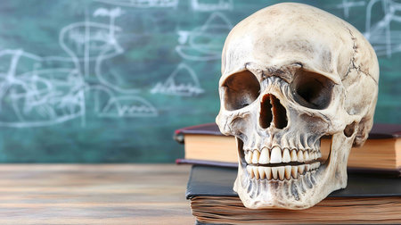 Human skull is sitting on top of books on a desk with a chalkboard in the backgroundの素材