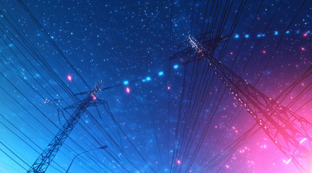 High voltage power lines are crossing a futuristic night sky filled with glowing particles and a starry backgroundの素材