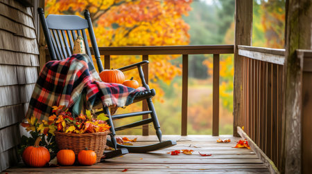 Rocking chair on a porch decorated with pumpkins and a plaid blanket with fall colors in the backgroundの素材