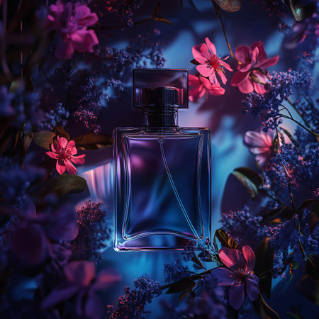 Luxurious perfume bottle is presented, nestled amongst a vibrant array of spring flowers, illuminated by dramatic lightingの素材