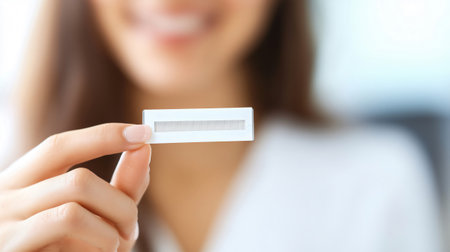 Beautician is holding an hormonal test strip, showing it to the camera, hormonal devicesの素材