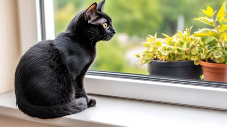 Adorable black cat with bright yellow eyes sitting on a window sill, intently observing birds and squirrels frolicking in the lush green backyardの素材