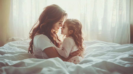 Young mother cuddling her daughter in bed while sharing a tender momentの素材