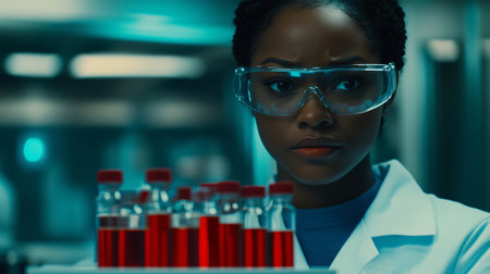 Young scientist is holding a tray of test tubes containing red liquid in a laboratoryの素材