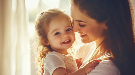 Mother is sharing a tender moment with her baby girl, both are smiling and enjoying the natural light from the windowの素材
