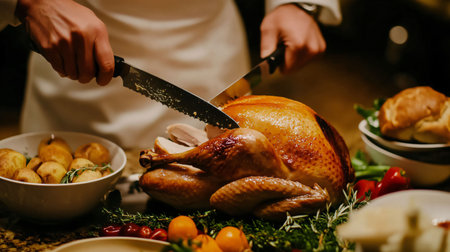 Chef slices a roasted turkey on a table laden with traditional thanksgiving or christmas side dishesの素材