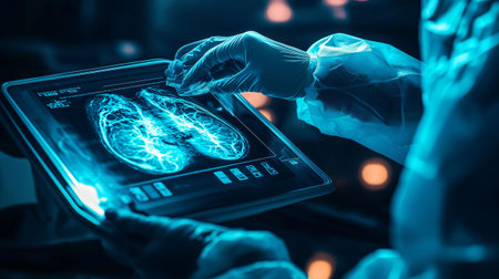 Medical professional is examining a mammogram image on a digital tablet, looking for signs of breast cancerの素材