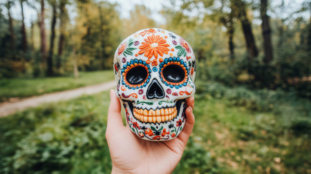 Woman holding a traditional sugar skull decorated with colorful floral patterns, celebrating the day of the dead in a forestの素材