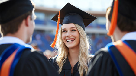 Young woman is smiling brightly while wearing a graduation cap and gown and celebrating with friendsの素材