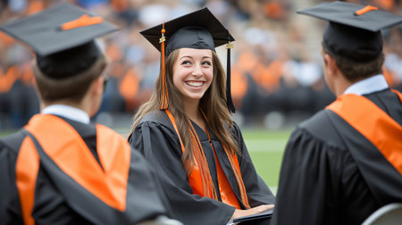 Happy college graduate smiles during her graduation ceremonyの素材