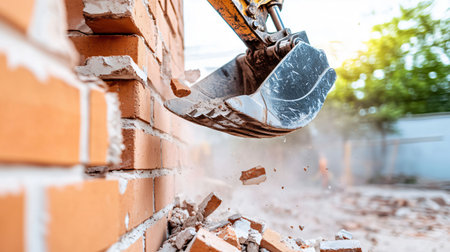 Excavator is demolishing a brick wall, creating a cloud of dust and debrisの素材
