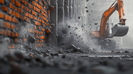 Excavator is demolishing a brick wall, creating a cloud of dust and debrisの素材
