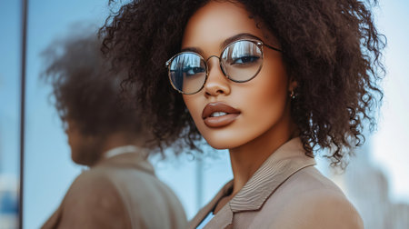 Stylish businesswoman with glasses is posing outside with a serious expression on her faceの素材