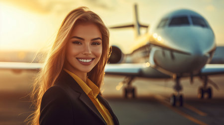 Businesswoman smiling in front of a private jet at sunset on airport runwayの素材