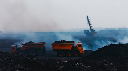 Dump trucks transporting coal on a foggy day at a coal mineの素材