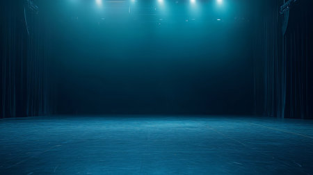 Empty stage illuminated by spotlights with dark blue curtains, creating a dramatic atmosphereの素材