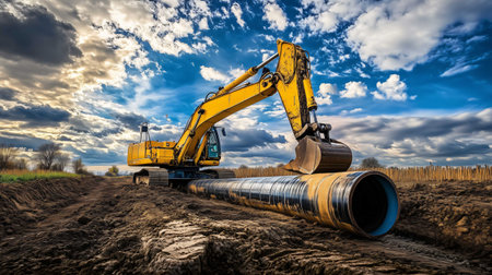 Yellow excavator is moving a large water pipe on a construction siteの素材