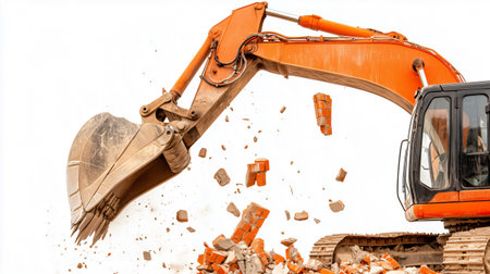 Excavator is demolishing a brick wall with its claw, causing bricks to fallの素材