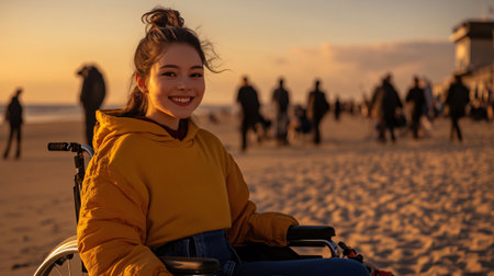 Young woman is smiling while sitting in her wheelchair on the beach at sunsetの素材