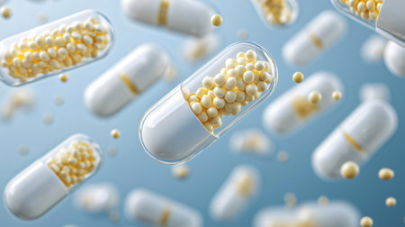 White and yellow pills are falling on a light blue backgroundの素材