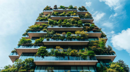 Modern glass building featuring terraces full of green plants, an example of sustainable architectureの素材
