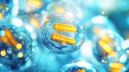 3d rendering of two yellow pills inside transparent bubbles floating on a blue background with bokeh effectの素材
