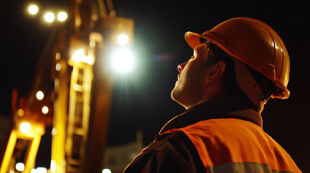 Construction worker wearing a hard hat and safety vest looking up at a crane at nightの素材