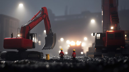 Two construction workers supervising an excavator working at night on a road construction siteの素材