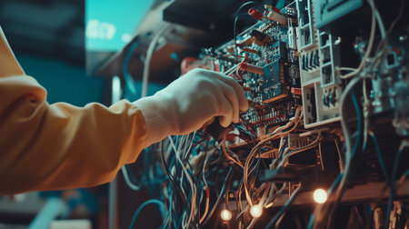 Electrician wearing gloves is using a multimeter, checking the voltage of a circuit boardの素材
