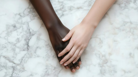 Two hands, one black and one white, holding each other on a marble table, symbolizing unity and supportの素材