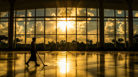 Silhouette of airport employee cleaning floor at sunset with sun shining through large windowsの素材