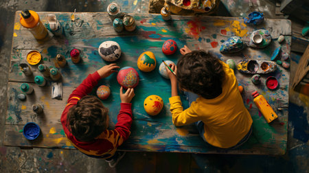 Two young children are engaging in a creative activity, painting rocks at a colorful, paint splattered table, fostering their artistic skillsの素材