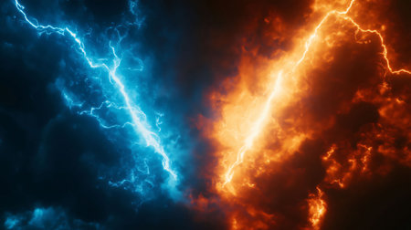 Abstract background representing a clash of forces, with lightning bolts and energetic shapes in a vibrant color paletteの素材