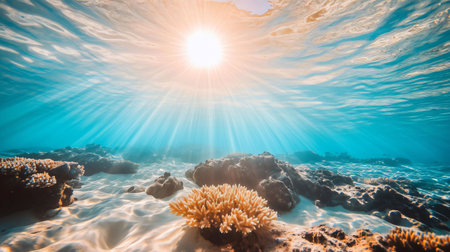 Sun rays shining through water surface on a clear sandy ocean floor with coral and rocksの素材