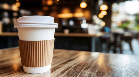 White paper coffee cup with a brown holder is sitting on a wooden table in a cafeの素材