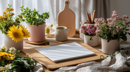 Empty white paper sheet on a wooden board, creating a cozy scene with sunflowers, plants, and home decor elementsの素材