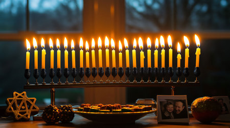 Hanukkah menorah standing on a table with burning candles, chocolate coins, and family picturesの素材