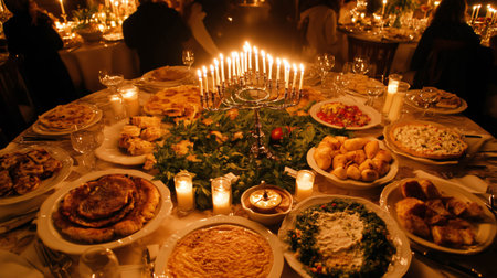 Plates of delicious food arranged around a glowing hanukkah menorah at a festive meal celebrationの素材