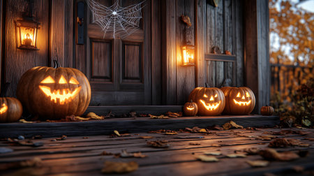 Halloween pumpkins glowing on the steps of a spooky porch at nightの素材