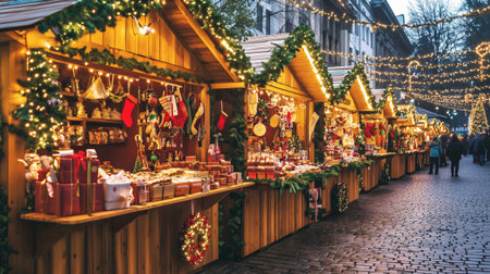 Traditional european christmas market at dusk with shoppers browsing decorated stallsの素材